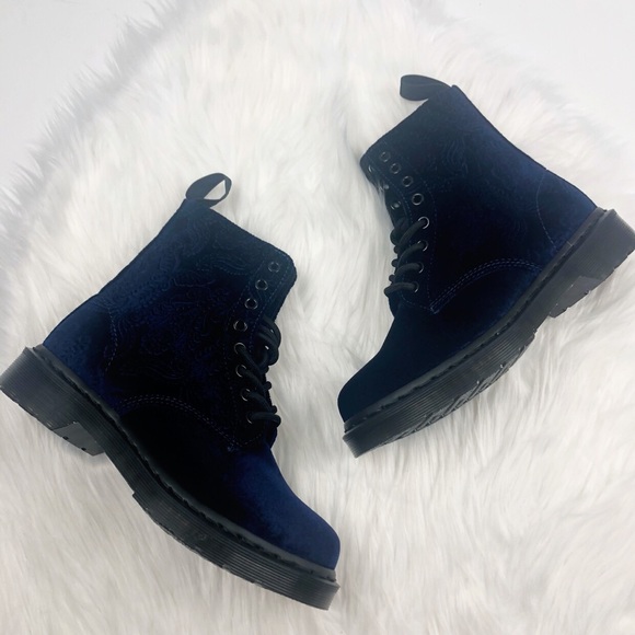 New Dr. Martens Blue Velvet Brocade Boots - Picture 3 of 5